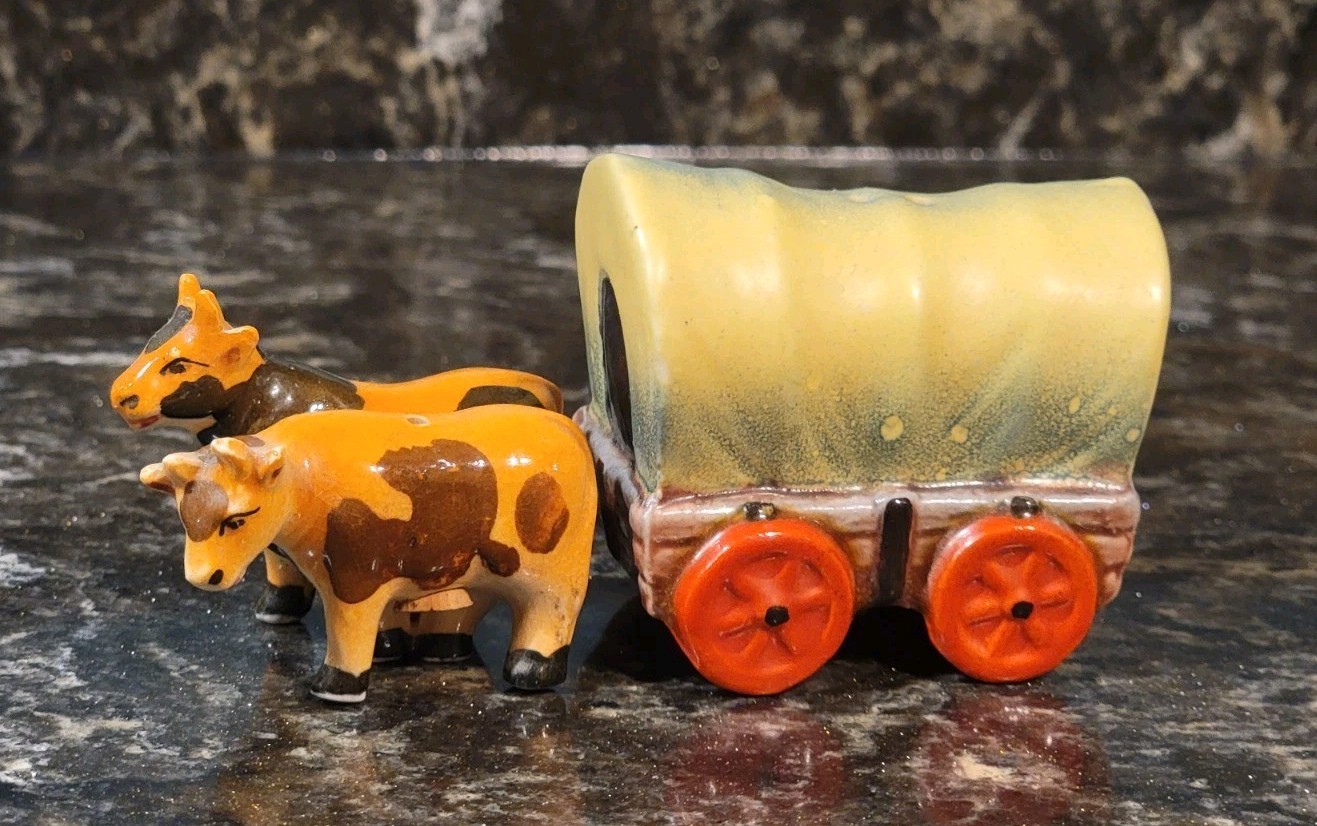 Vintage 1950's Victoria Ceramics - Covered Wagon & Steers Salt & Pepper Shakers