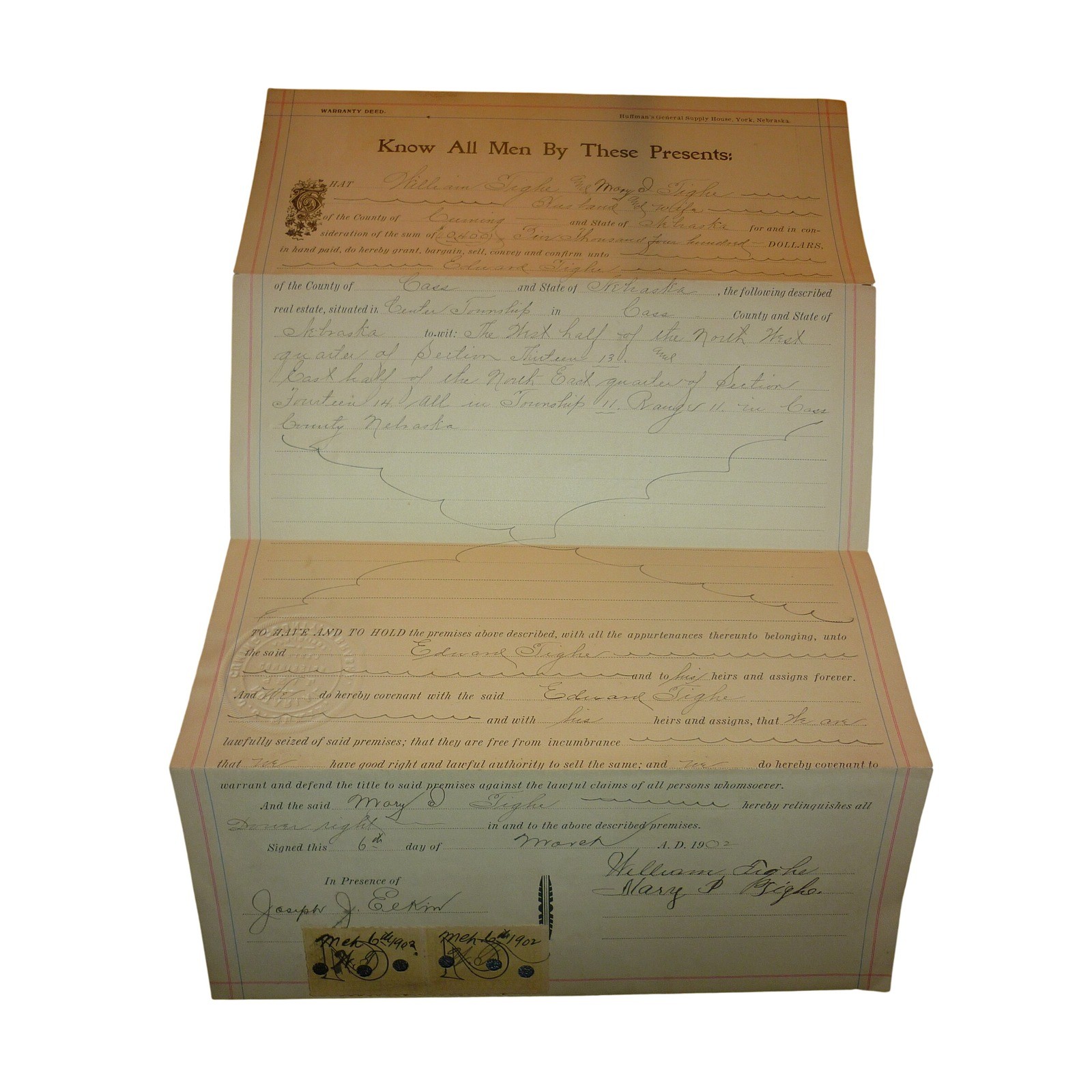 Vintage 1902 Nebraska Warranty Deed Cass County Land Document Revenue Stamps Vintage 1902 Nebraska Warranty Deed Cass County Land Document Revenue Stamps