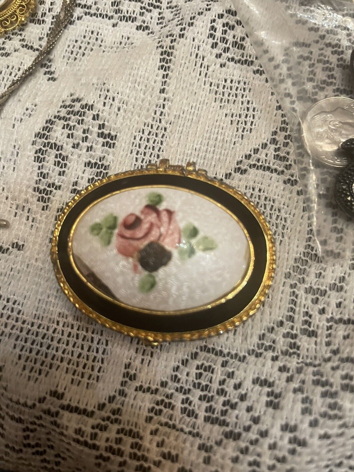 Victorian Pill Box Handpainted Rose Has Chip On It