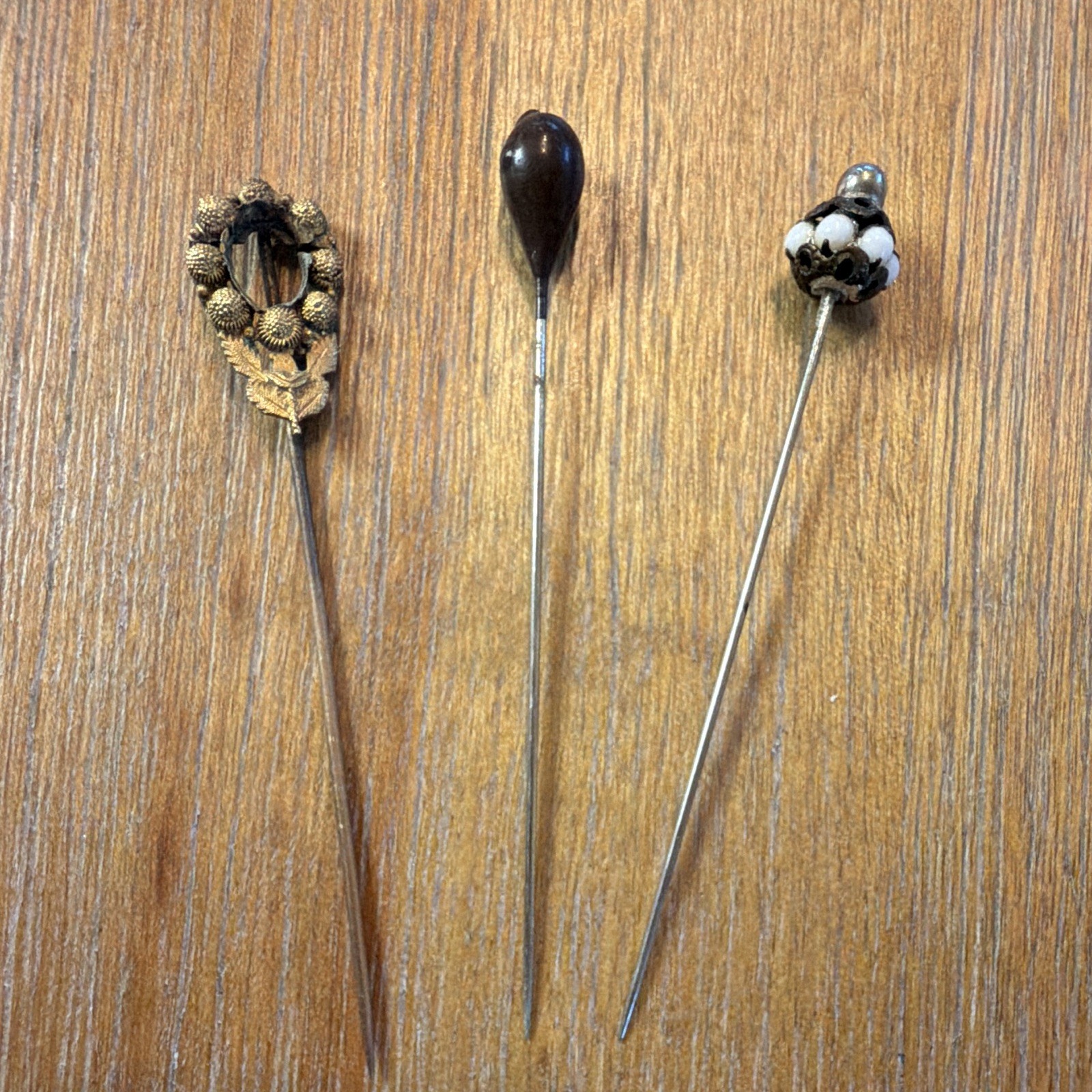 Lot of 3 Vintage Metal Hatpins Stick Pins w/ Decorative Tops Lot of 3 Vintage Metal Hatpins Stick Pins w/ Decorative Tops