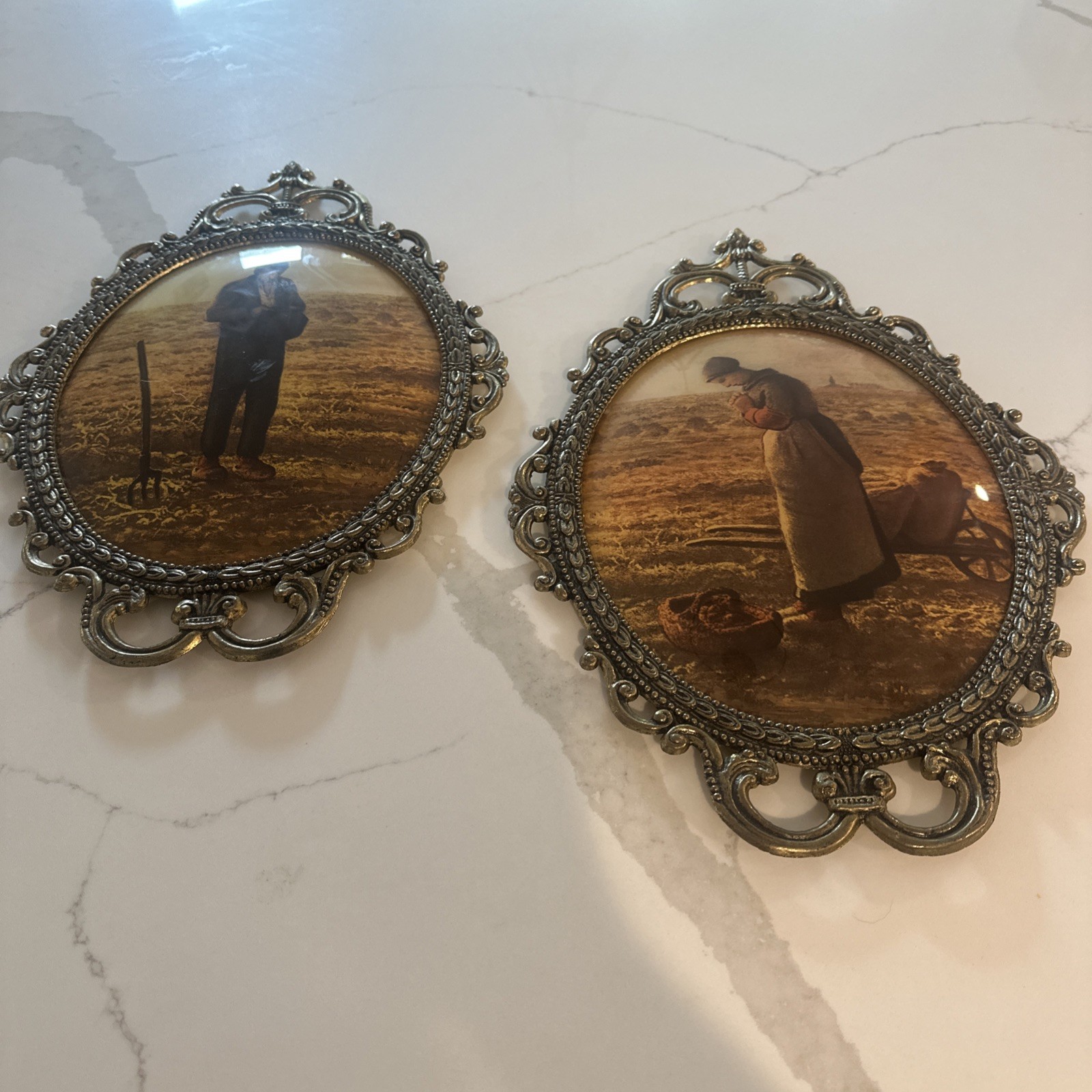 VTG Convex Pictures Gold Tone Metal Frame Ornate Praying Farmer Bubble Glass Set VTG Convex Pictures Gold Tone Metal Frame Ornate Praying Farmer Bubble Glass Set