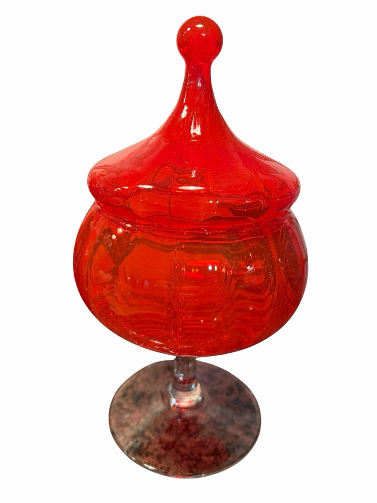 Empoli Apothecary Candy Jar Red Circus Tent Lid Handblown MCM 11” Italy Empoli Apothecary Candy Jar Red Circus Tent Lid Handblown MCM 11” Italy