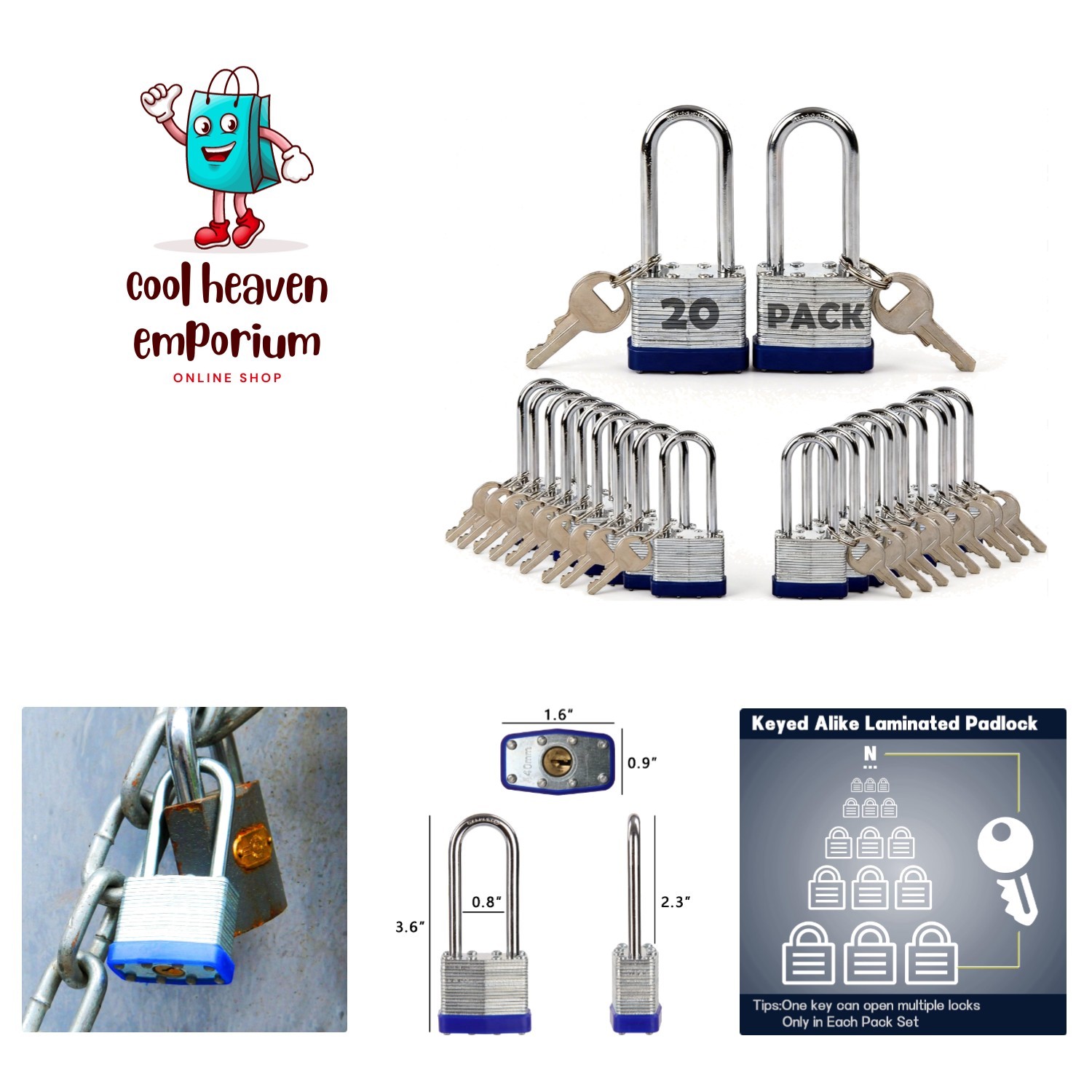 Versatile 20PC Keyed-Alike Padlock Set with Extra Long Shackles for All Uses