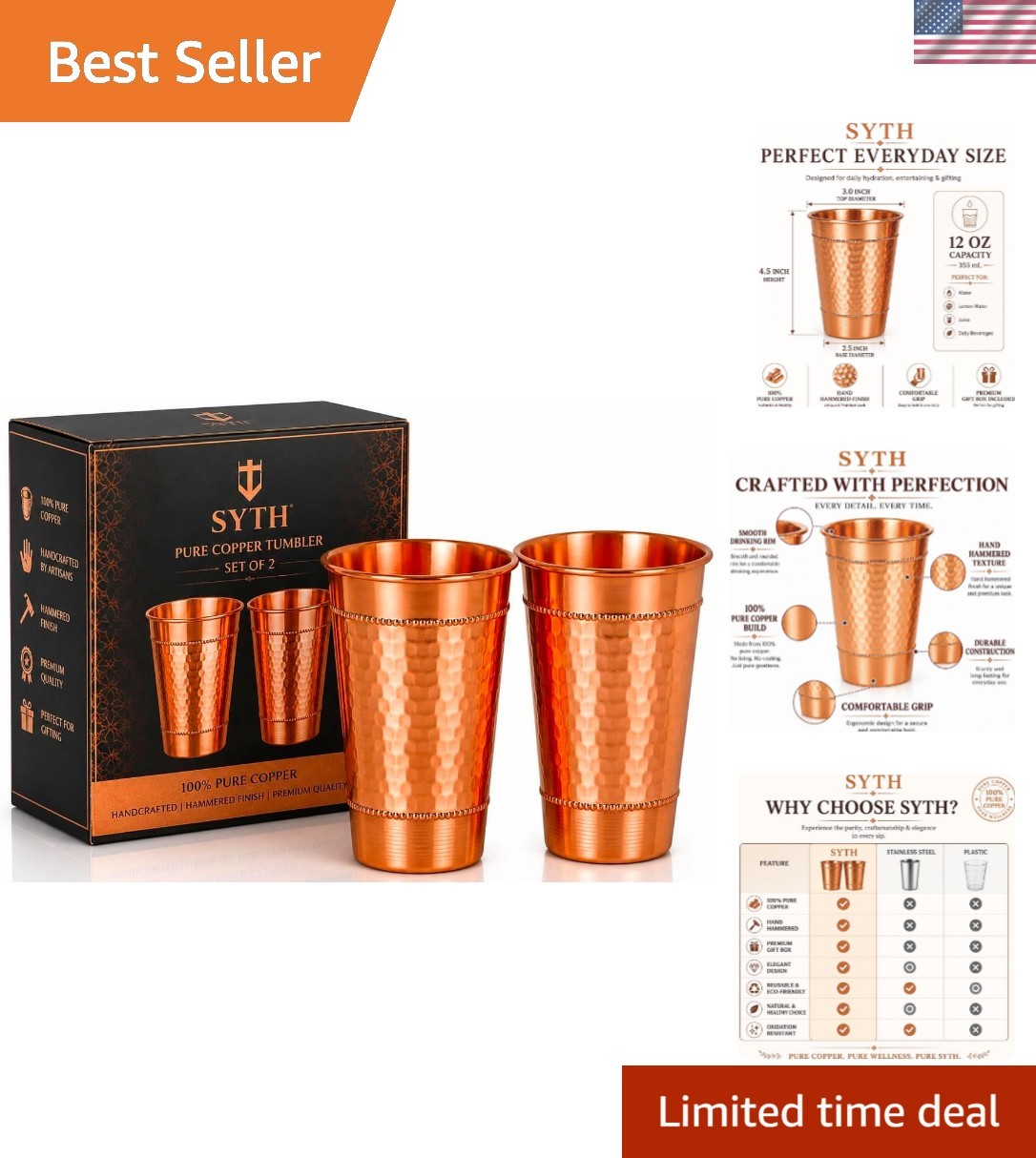 Pure Copper Tumbler Set of 2 – 100% Pure Copper Drinking Cups, Handcrafted Ha... Pure Copper Tumbler Set of 2 – 100% Pure Copper Drinking Cups, Handcrafted Ha...