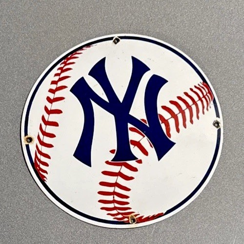 VINTAGE 12” NY NEW YORK BASEBALL PORCELAIN SIGN CAR GAS OIL TRUCK MOTORCYCLE