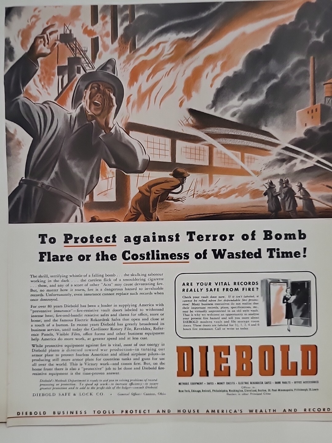 1942 Diebold Safe & Lock Fortune WW2 Print Ad Q2 Fire Firefighters Bomb War Hose 1942 Diebold Safe & Lock Fortune WW2 Print Ad Q2 Fire Firefighters Bomb War Hose