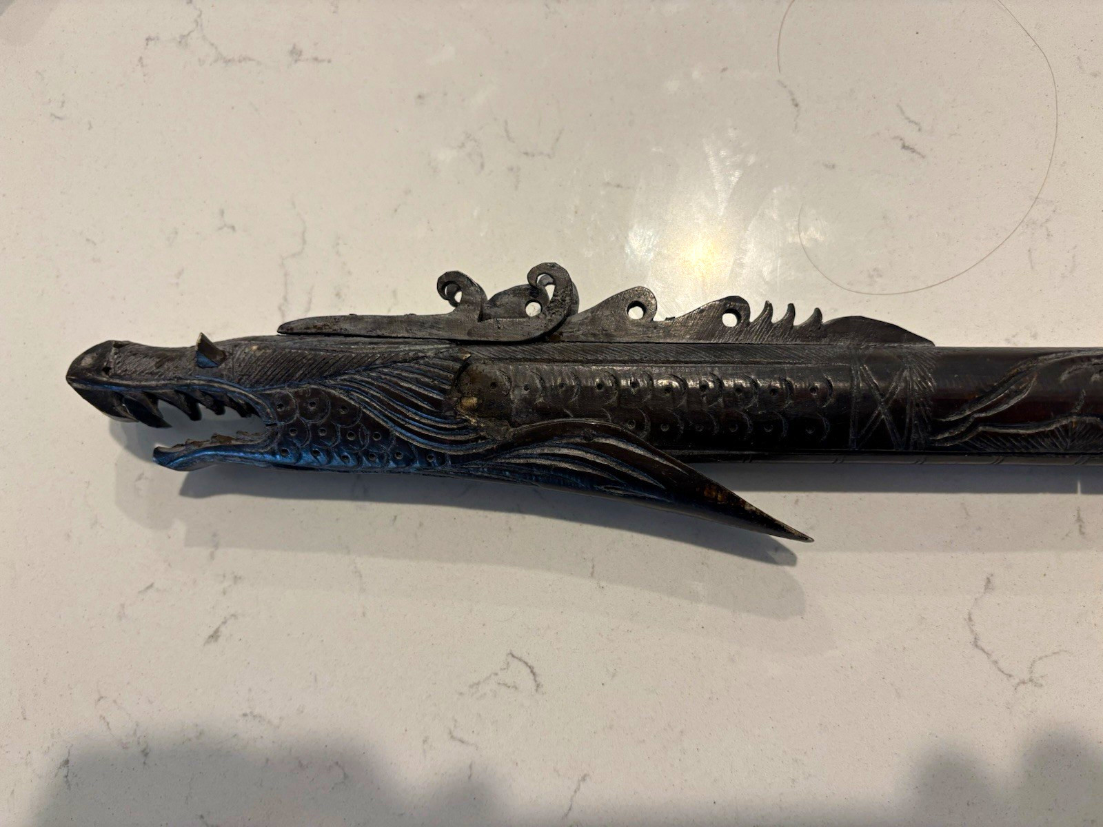 Antique Hand-Carved Dark Wood Dragon Head Scabbard / Decorative blow dart Antique Hand-Carved Dark Wood Dragon Head Scabbard / Decorative blow dart