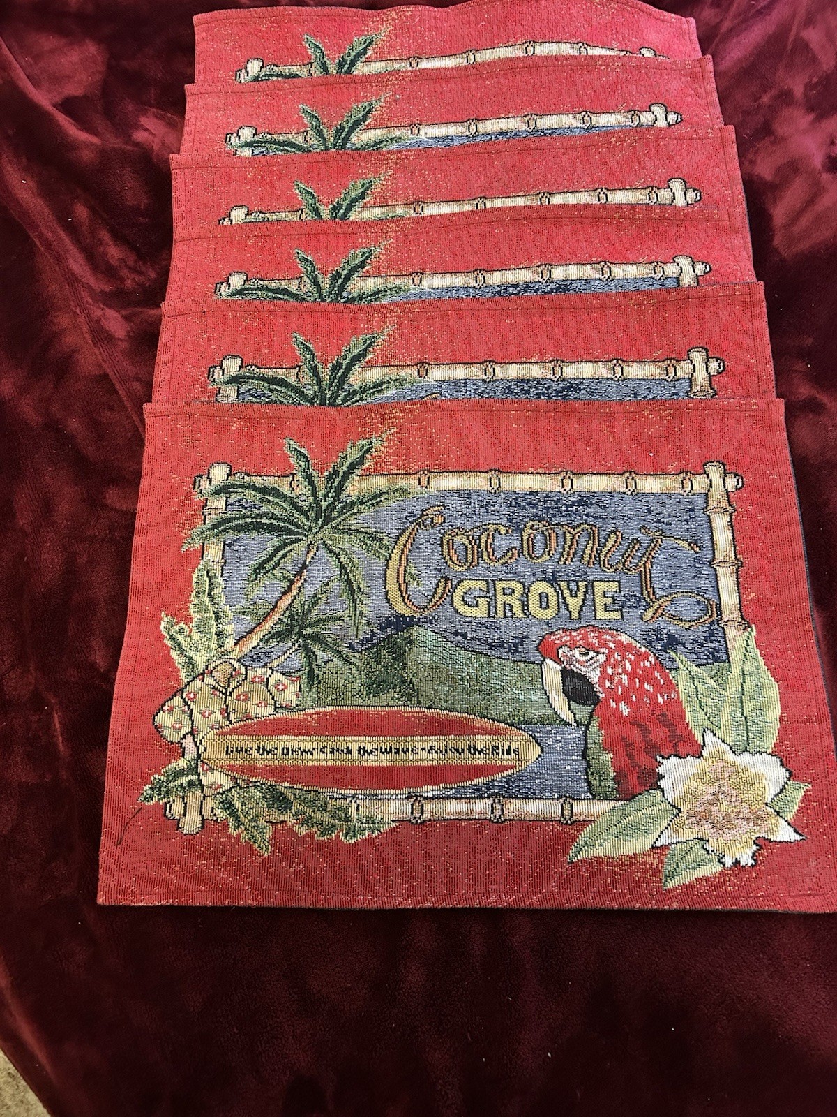 Six Vintage Cotten Sown Cocoanut Grove Placemats In Mint Condition Rare Gorgeous