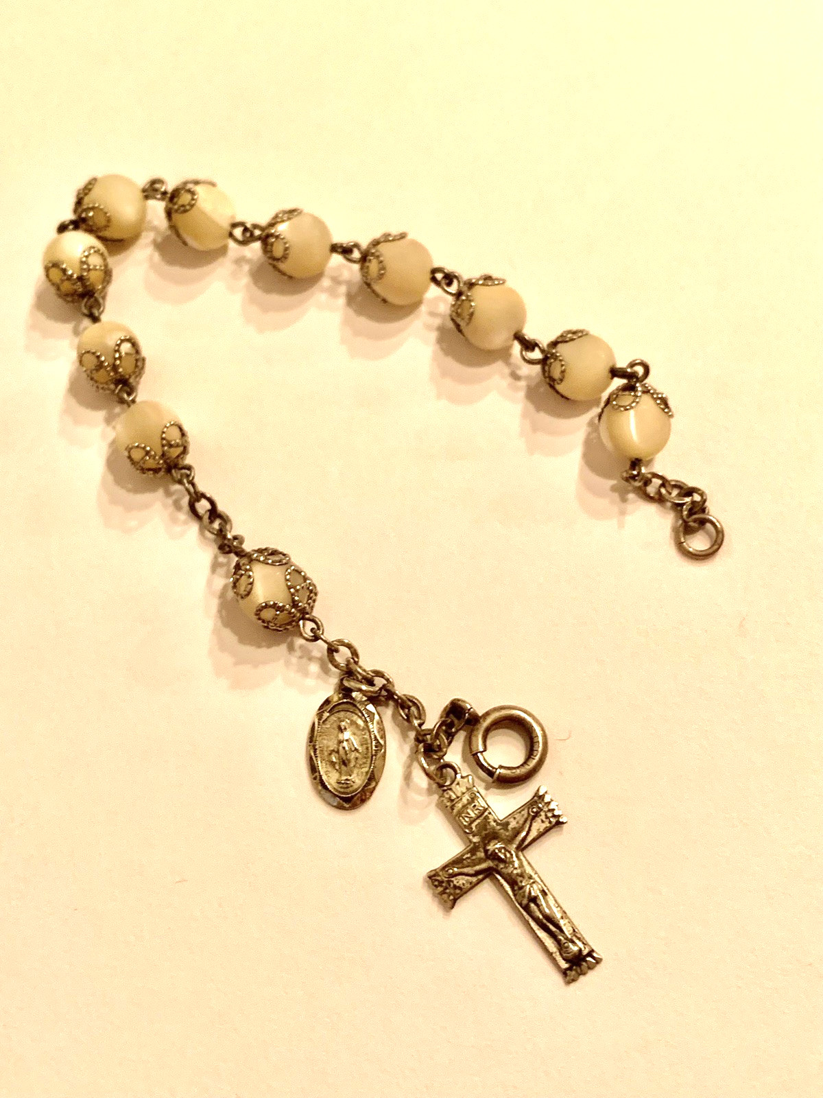 Vintage Afco Sterling Silver Mother of Pearl Rosary Bracelet 1960's 7 In Vintage Afco Sterling Silver Mother of Pearl Rosary Bracelet 1960's 7 In