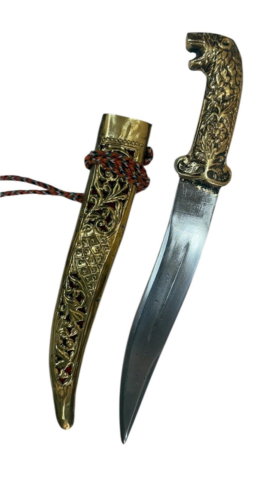 Indo Persian Brass Wire Worked Knife Dagger Steel Blade Lion Head Indo Persian Brass Wire Worked Knife Dagger Steel Blade Lion Head