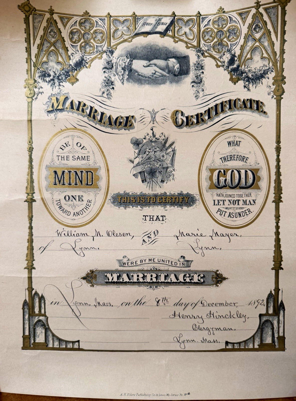 1892 Victorian Marriage Certificate A.H. Eilers Series No. 19 Lynn Massachusetts 1892 Victorian Marriage Certificate A.H. Eilers Series No. 19 Lynn Massachusetts