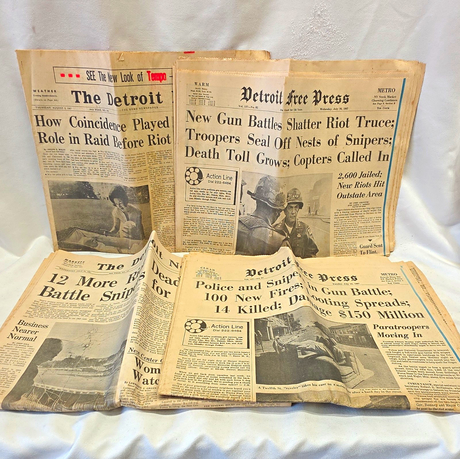1967 Detroit News & Detroit Free Press Newspaper Lot Detroit Riots Jul 25-Aug 3