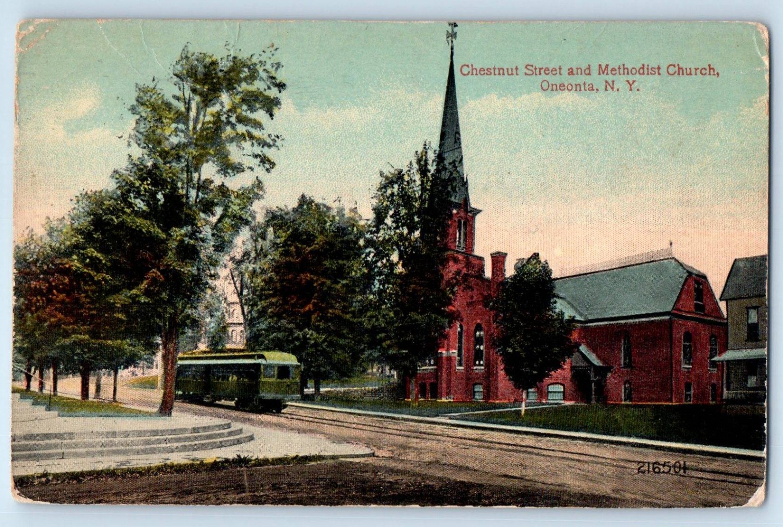 c1914 Oneonta New York Postcard Chestnut Street Methodist Church Railway Trolley c1914 Oneonta New York Postcard Chestnut Street Methodist Church Railway Trolley