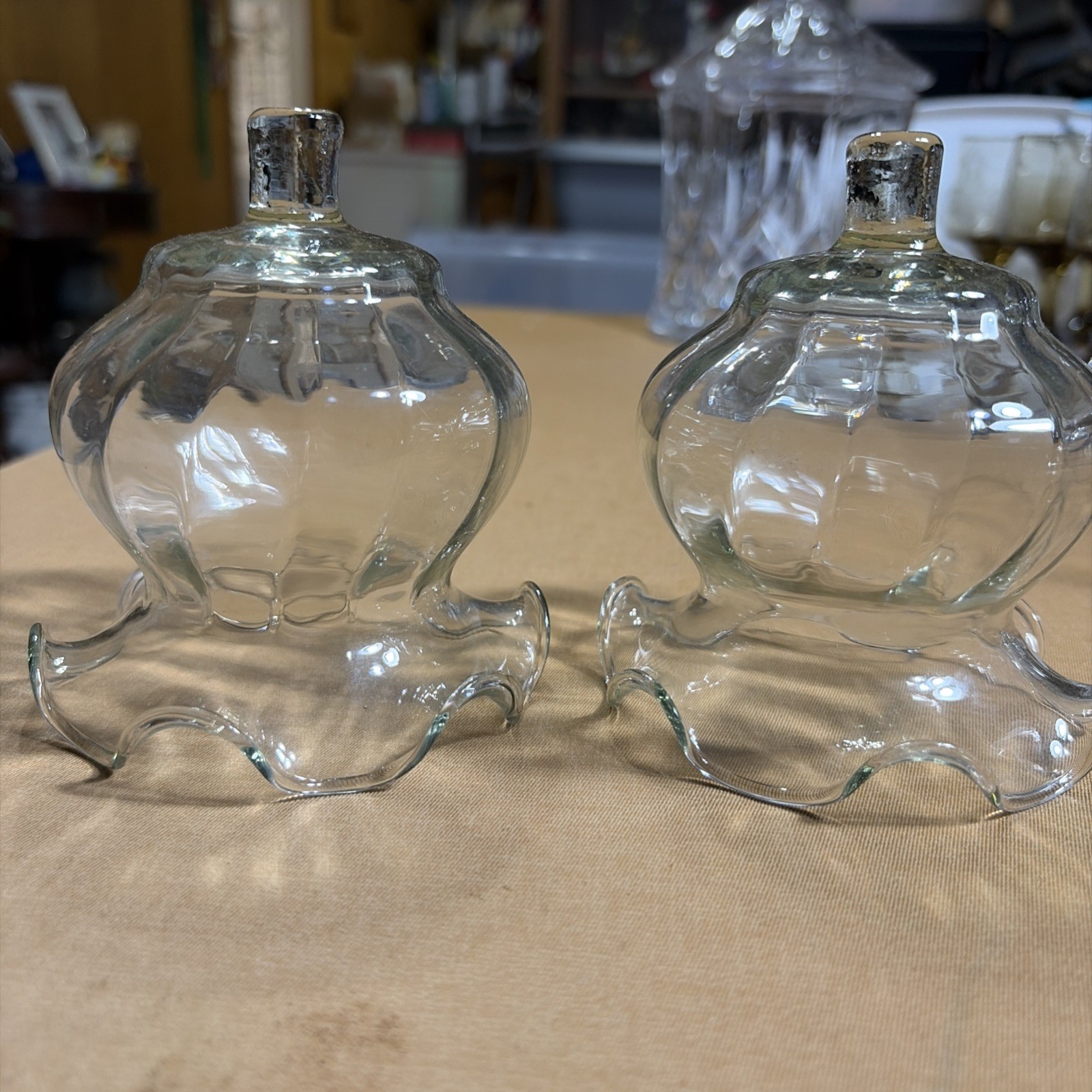 2 Ruffled Edge Clear Glass Peg Votive Cups W/ Grommets Candle Holders VTG