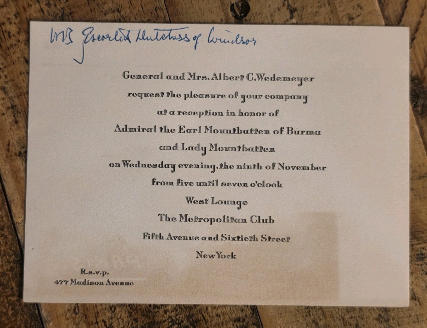 Vintage Metropolitan Club Invitation Wedemeyer Lord Mountbatten New York WW2 Vintage Metropolitan Club Invitation Wedemeyer Lord Mountbatten New York WW2