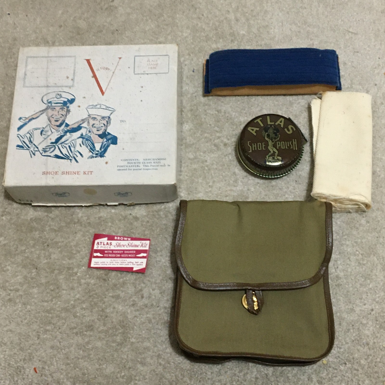 Vntg c1942 Victory Home Front Atlas Shoe Shine Kit, Atlas Tin, Box Case Brush + Vntg c1942 Victory Home Front Atlas Shoe Shine Kit, Atlas Tin, Box Case Brush +