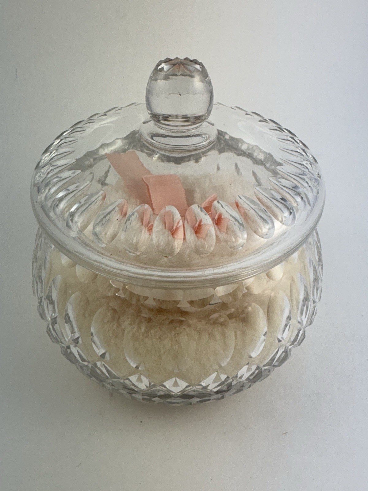 Vintage Cut Glass Crystal Lidded Powder Bowl with Powder Puff for Talc Excellent