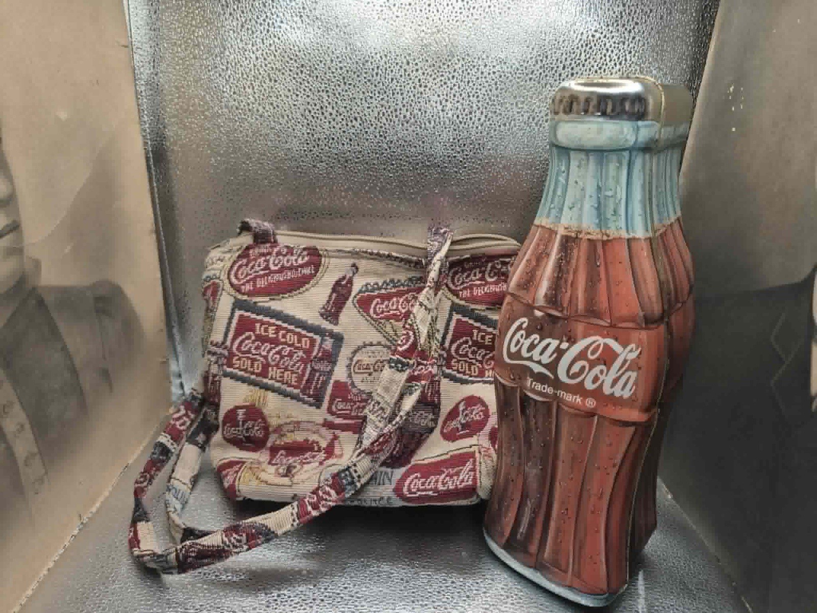 Vintage Coca-Cola Advertisement Lot Tapestry Tote Purse & Retro Coke Bottle Tin