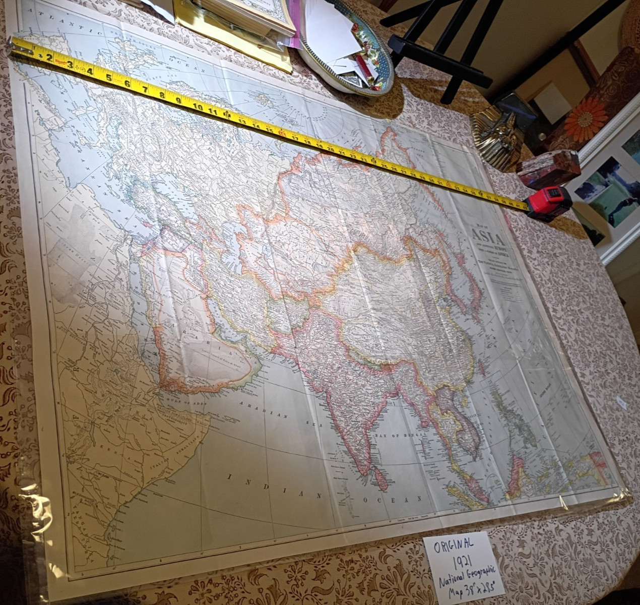RARE Original 1921 Map Asia & Adjoining Europe with a Portion of Africa Nat Geo