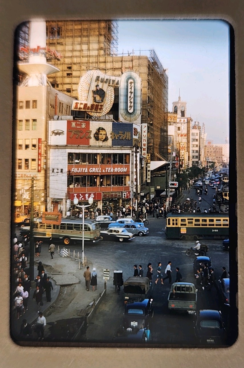1959 35mm Kodachrome Slide Toyko Japan Busy Street Scene Stores Cars Signs