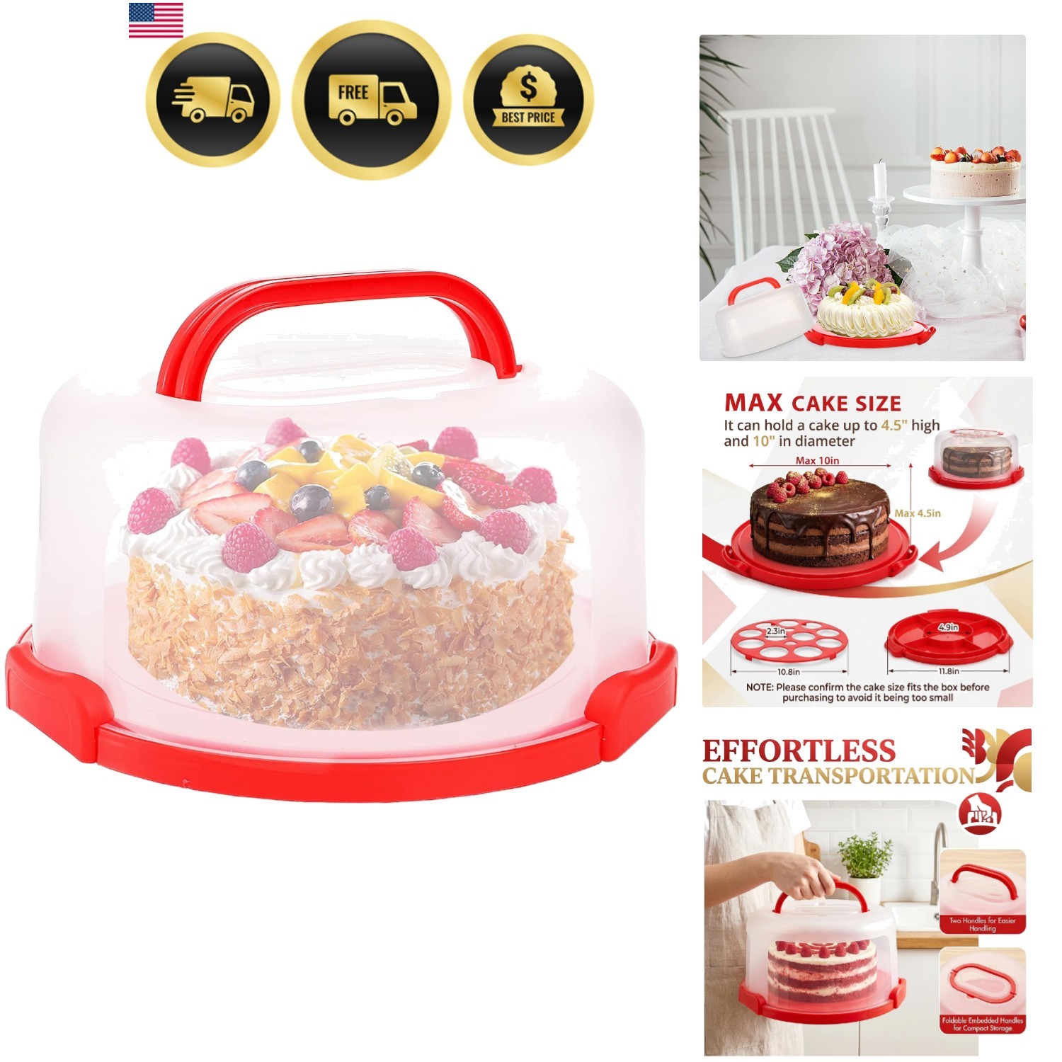 Cake Carrier with Collapsible Handle - Plastic Red Cake Container and Holder ...