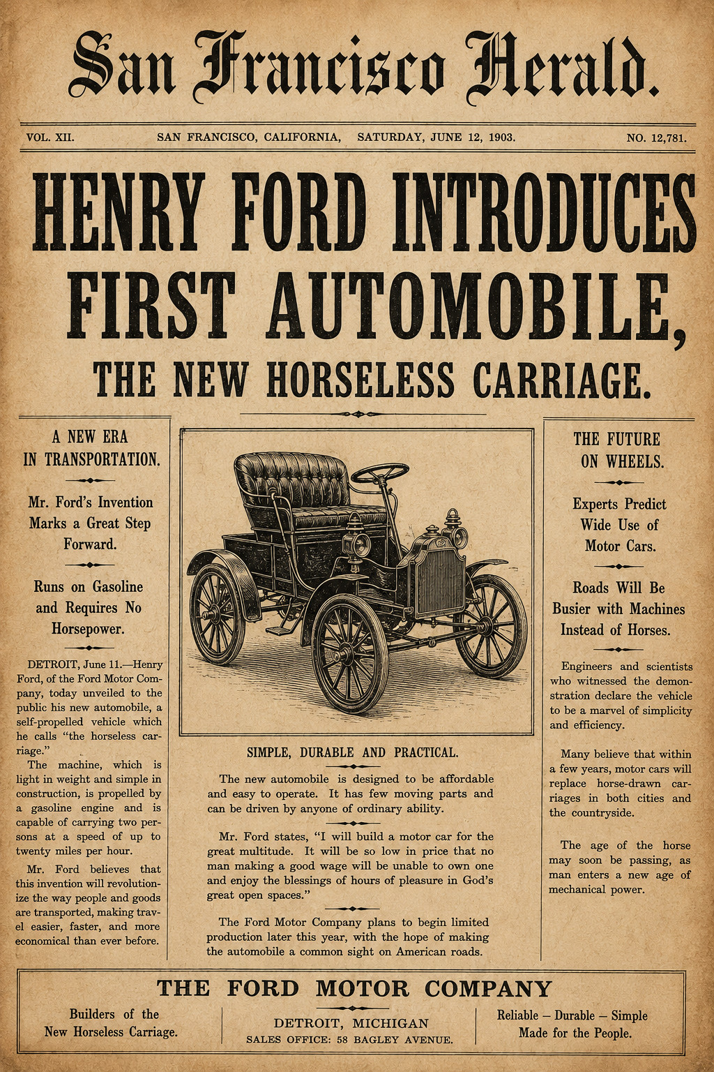 Henry Ford introduces First Automobile Car Headline News Poster up to 24 x 36\ Henry Ford introduces First Automobile Car Headline News Poster up to 24 x 36\