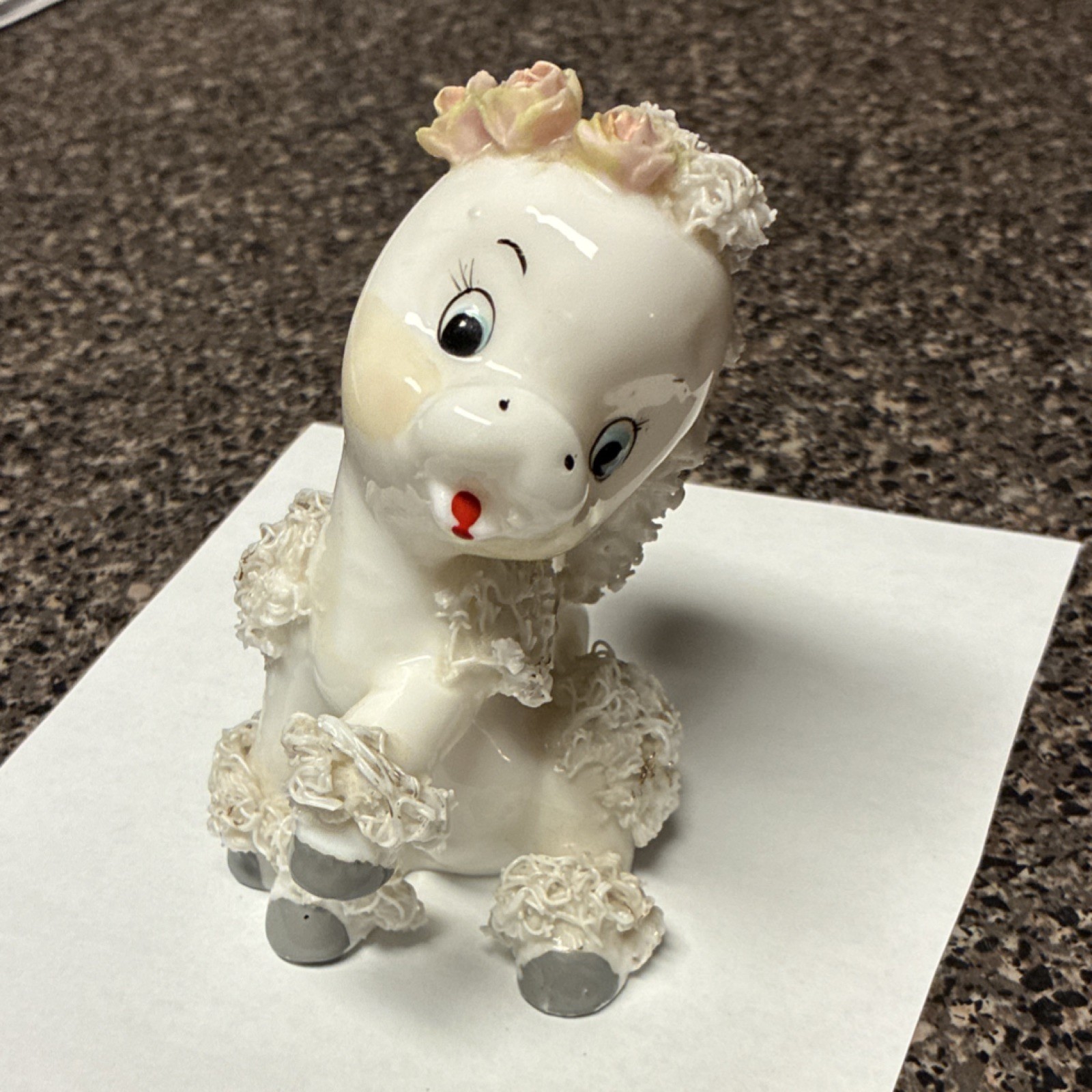 Original Arnart White Porcelain Poodle Dog  Spaghetti Trim with Pink Roses  4”