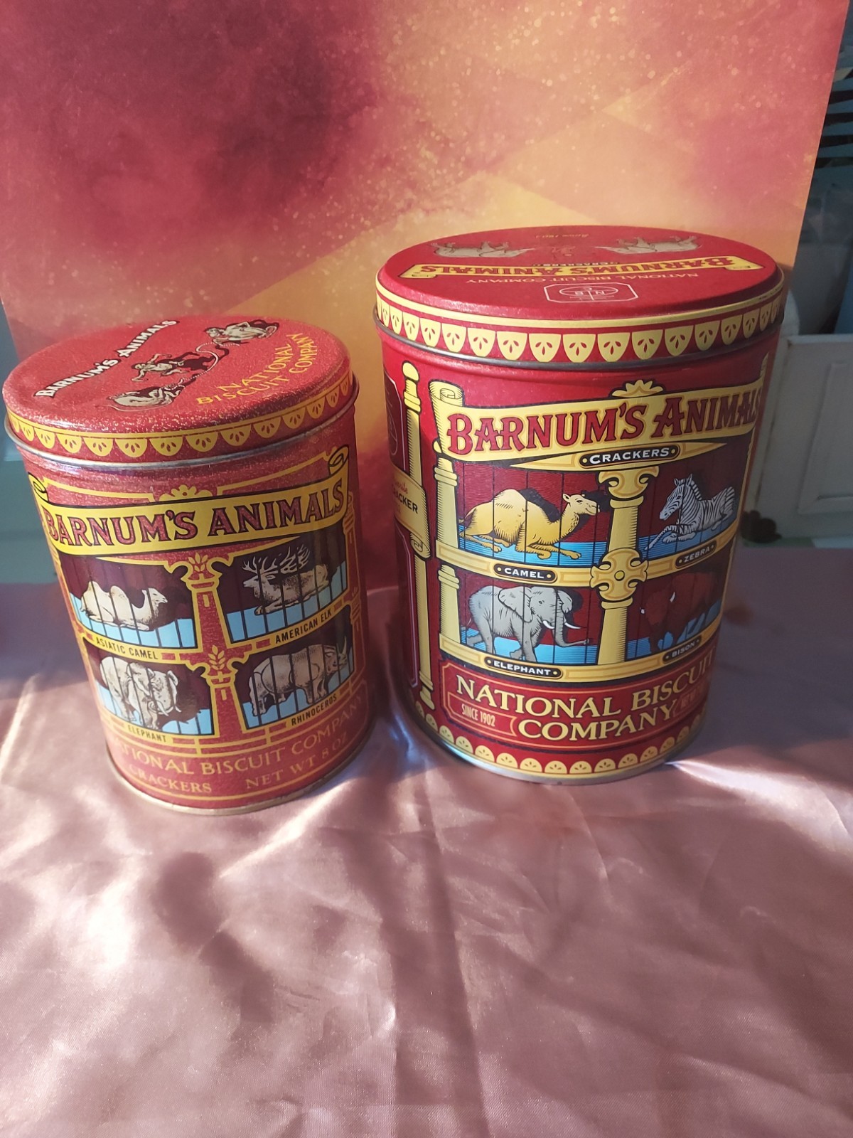 2 Vtg  Barnum\'s Animals Crackers Tins Empty 1979 2002 Few Soft Dents Minor Wear