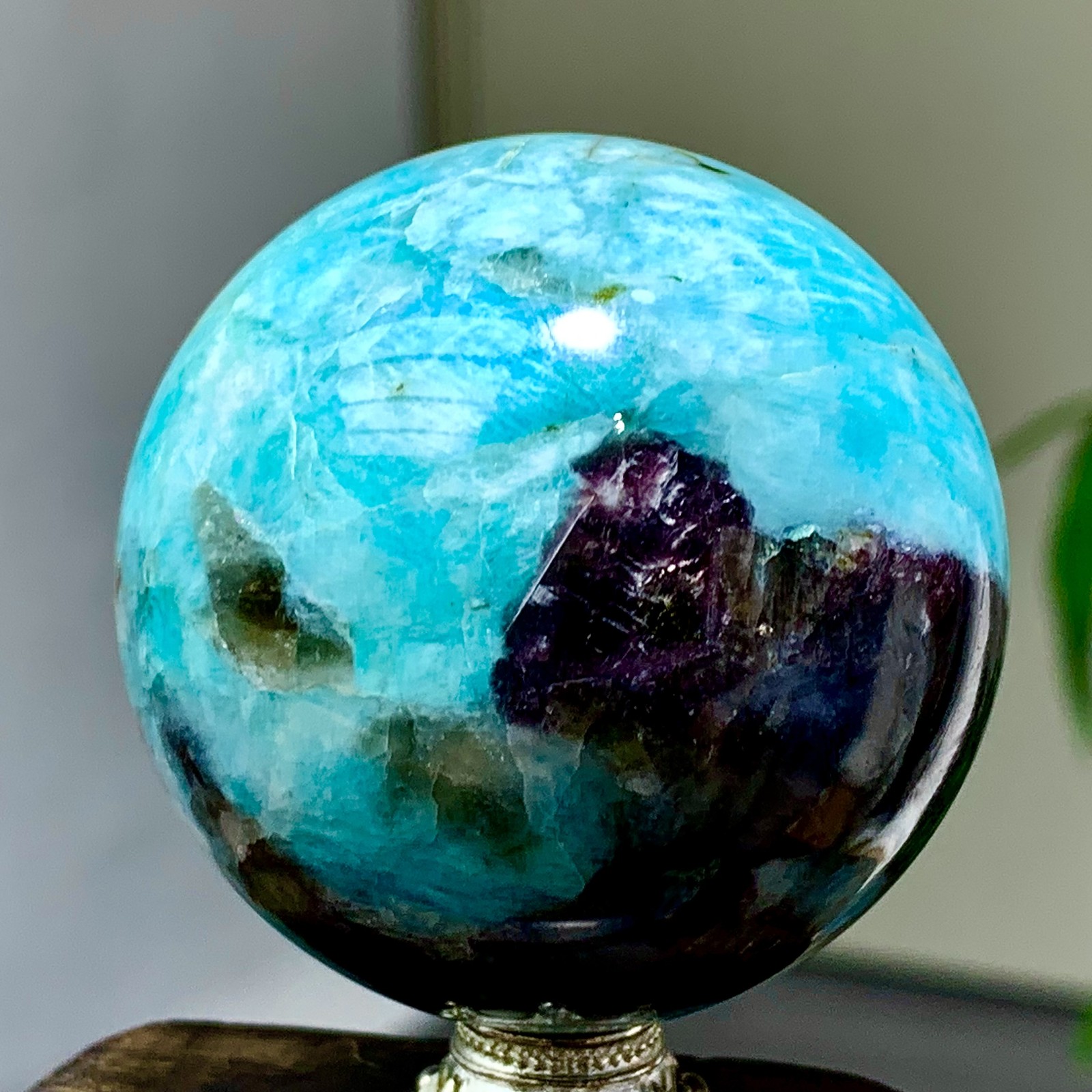 170G Natural Amazonite+Black Mica Quartz Sphere Crystal Reiki Healing