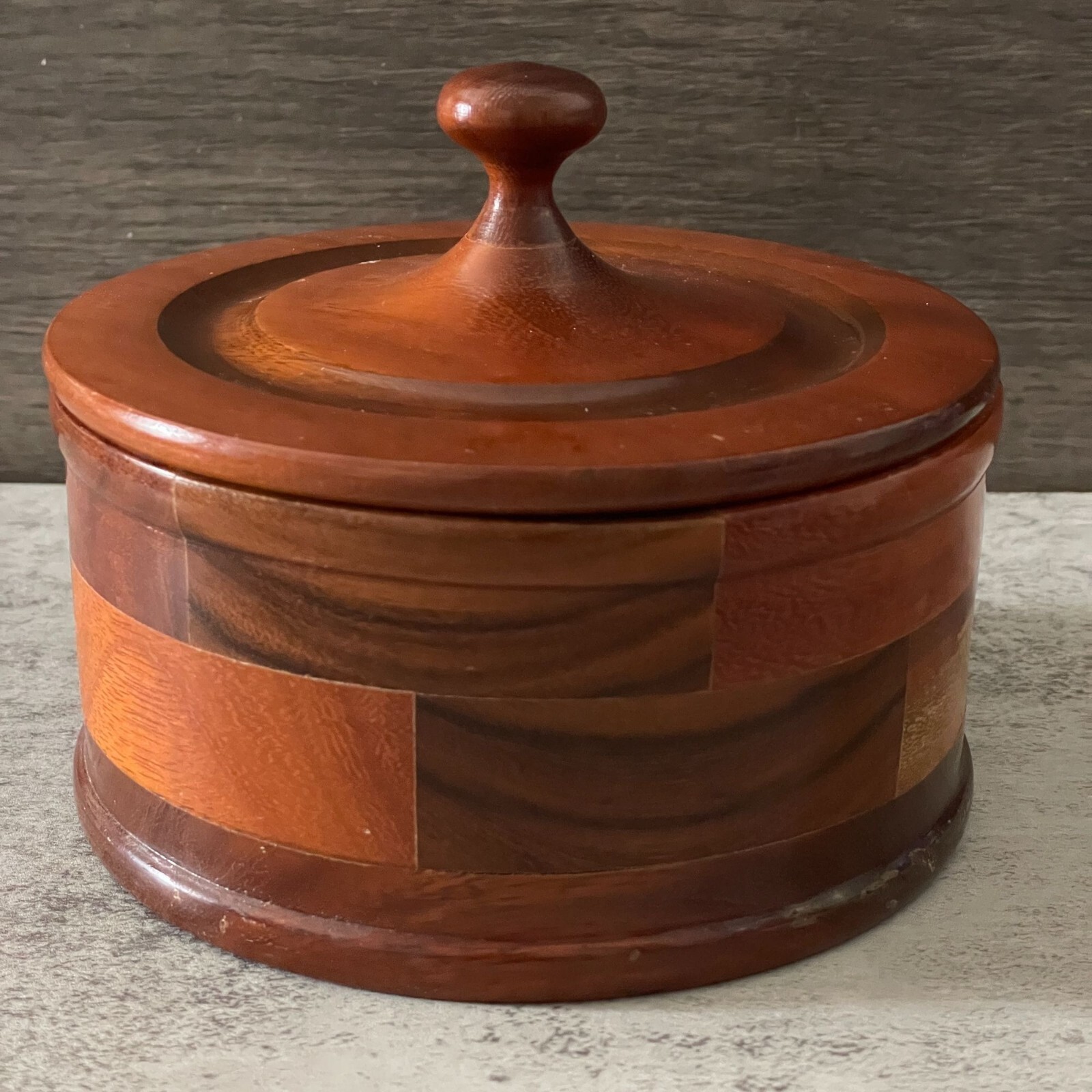 Vintage Artisan Crafted Turned Wood Mosaic Round Lidded 5