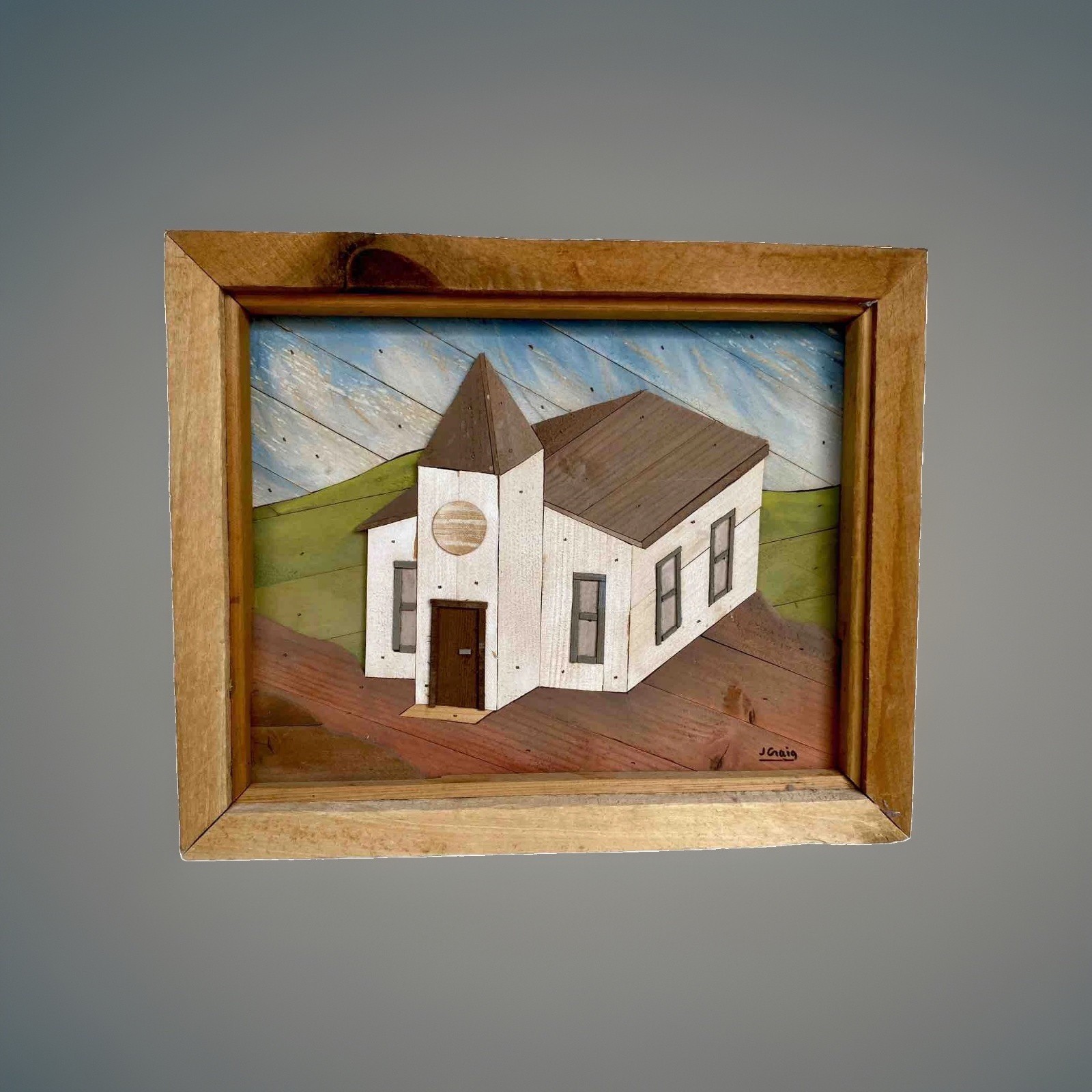 Vtg Texas Folk Art Reclaimed Lobster Trap Wood Mosaic Country Church by J Craig Vtg Texas Folk Art Reclaimed Lobster Trap Wood Mosaic Country Church by J Craig