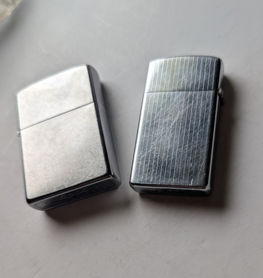 ZIPPO LIGHTER 1974 SLIM & F 24 ZIPPO ~ Both with Good Spark ~ Pre-Owned USED