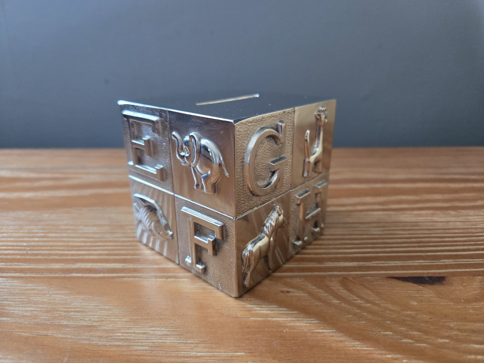 Vintage Baby\'s Silver Plated ABC Block Bank, Childs Cube Block Coin Piggy Bank