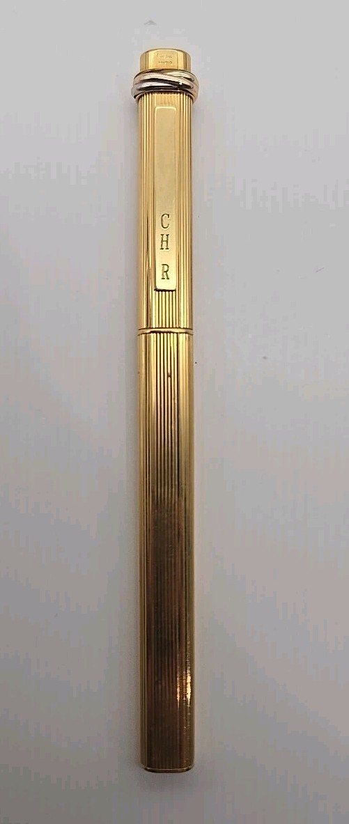 Must de Cartier Trinity Vendome Ballpoint Pen Gold Plate Pinstripe Vintage (B8)