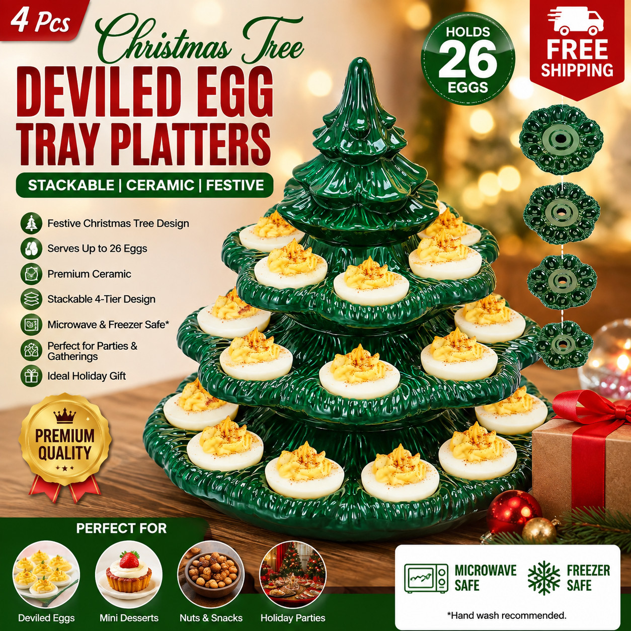 4 Tier Christmas Tree Shape Deviled Egg Platters Trays Holds 26 Holes Stackable