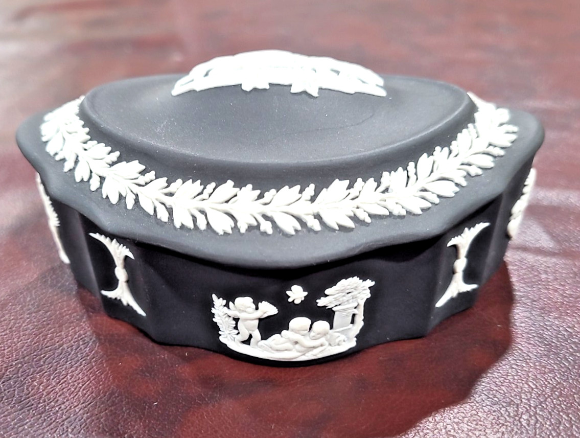 Vintage Wedgwood Black Jasperware Lidded Trinket Box Scalloped Edge, Domed Top