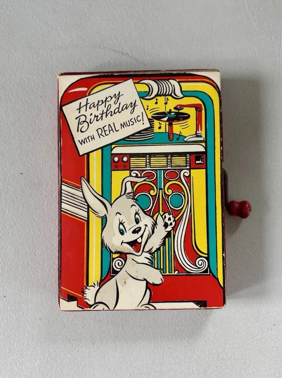 Vintage Barker Music Box Happy Birthday Card With Music Crank Handle w/ Box