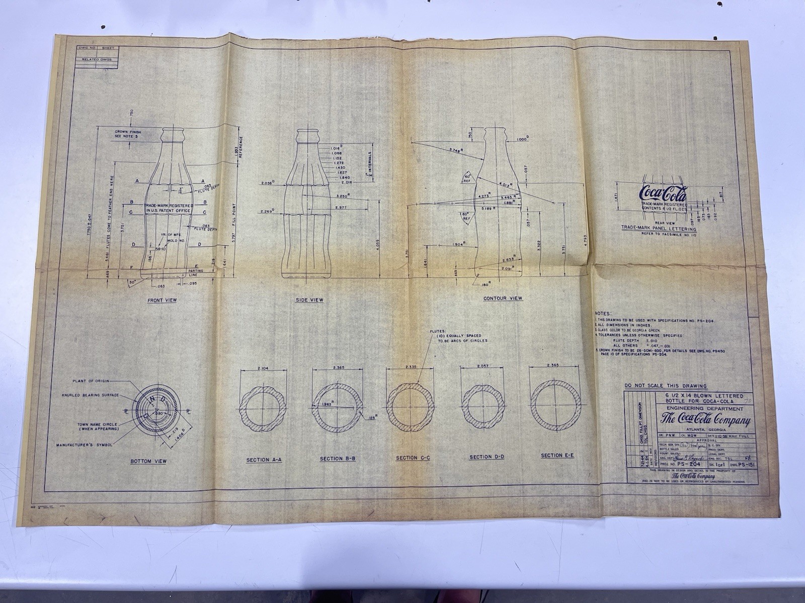 1958 Coca-Cola Bottle Original Factory Engineering Blueprint Drawing PS-151