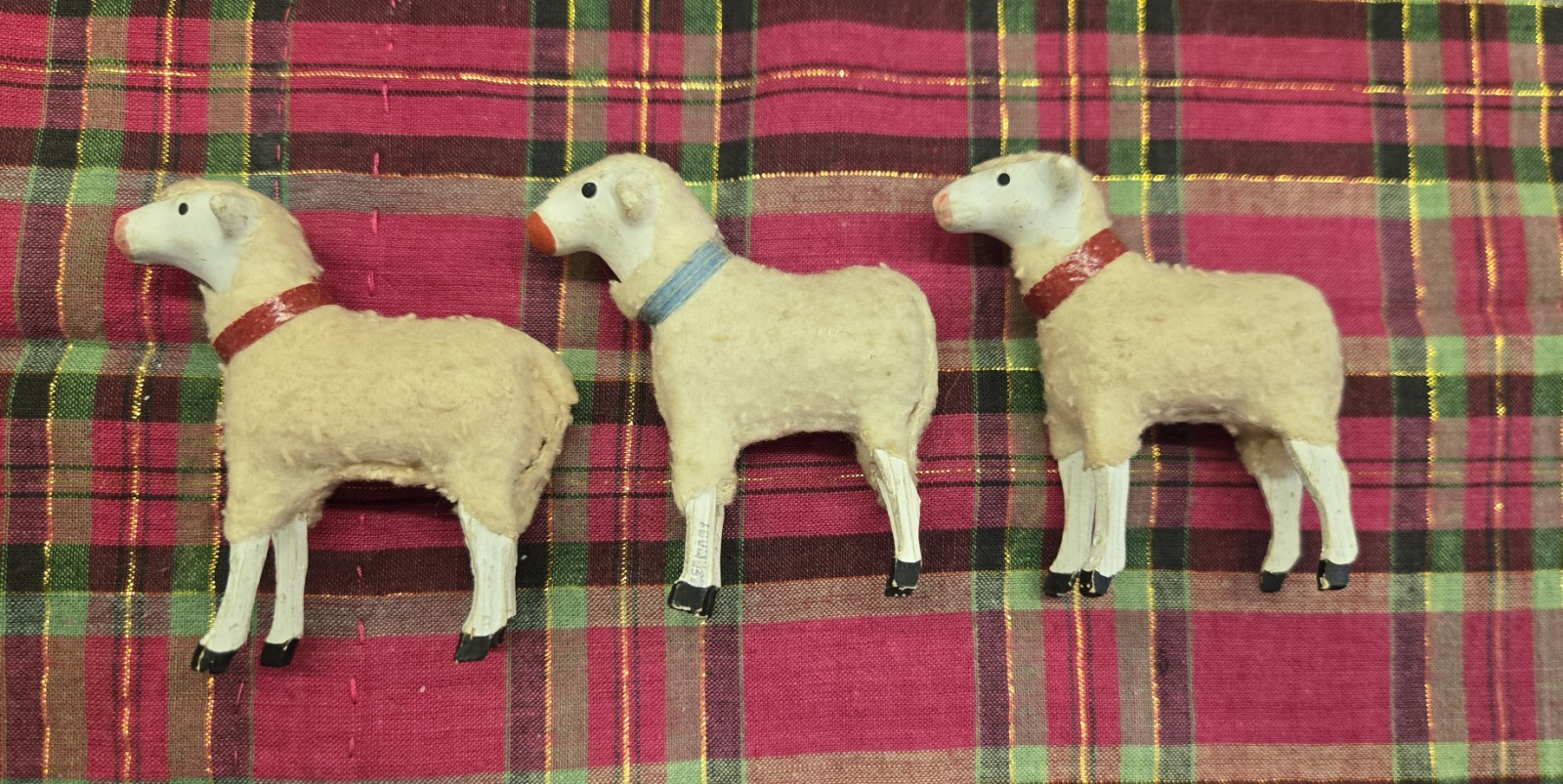 3 Antique German Putz White Stick Leg Sheep Blue Red Collar