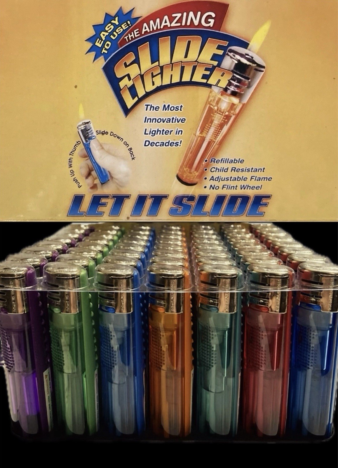 FULL CASE of 56 Amazing Slide Lighters Electronic Adjustable Flame Refillable