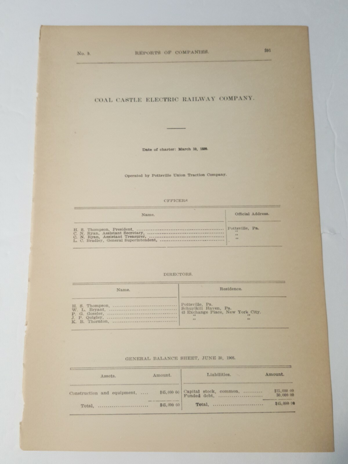 1909 document COAL CASTLE ELECTRIC RAILWAY trolley streetcar near POTTSVILLE PA