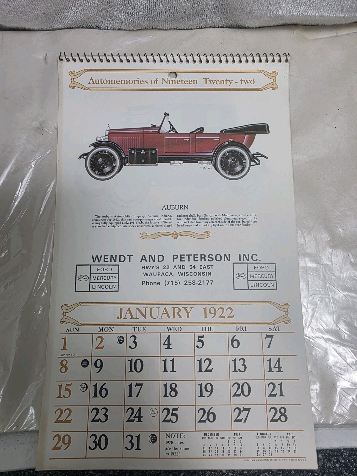 Waupaca Wi 1922/1978 Vintage Mancave Advertising Classic Car Wall Calendar