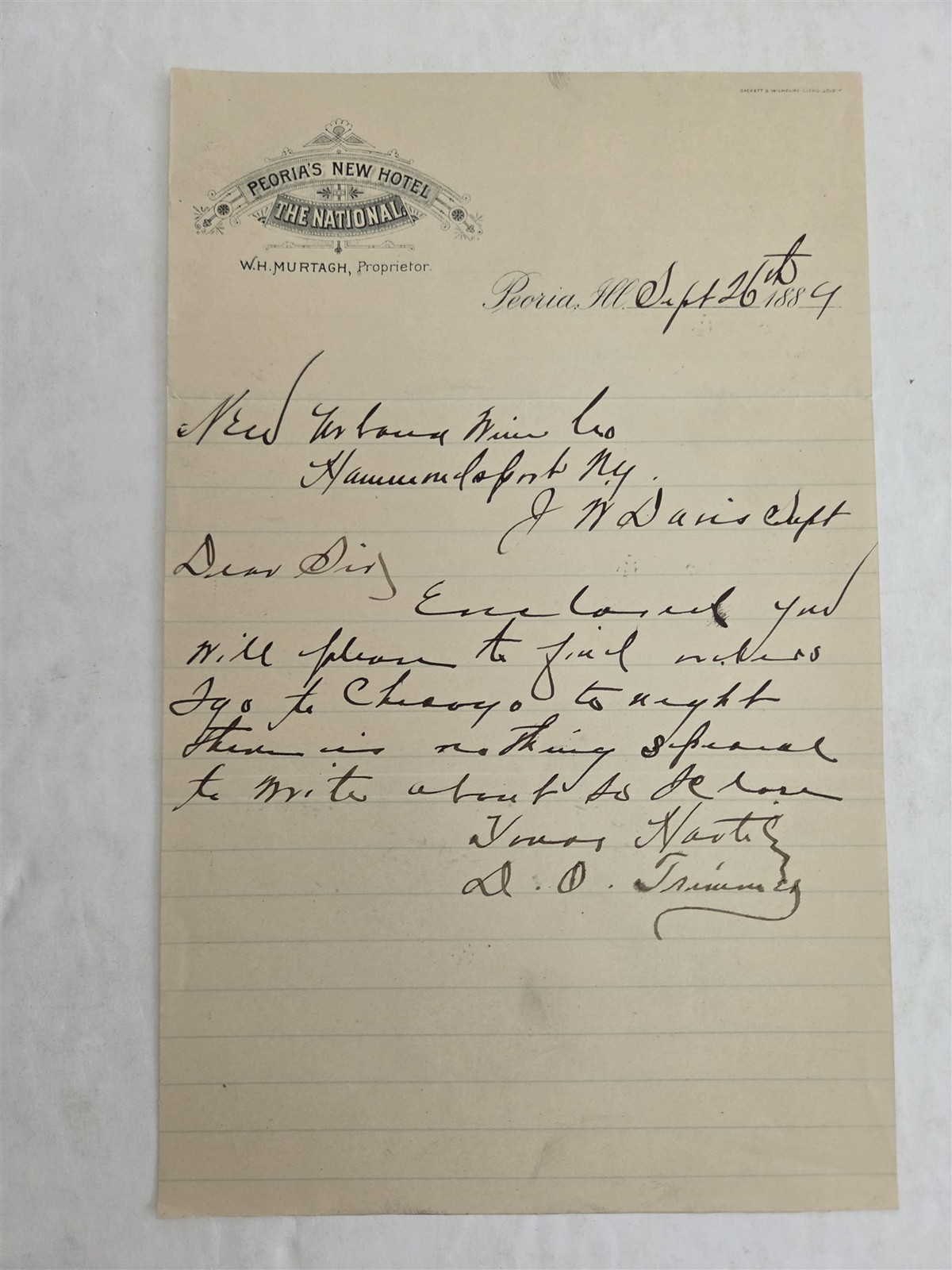 1884 antique THE NATIONAL HOTEL peoria il LETTERHEAD hotel correspondence letter