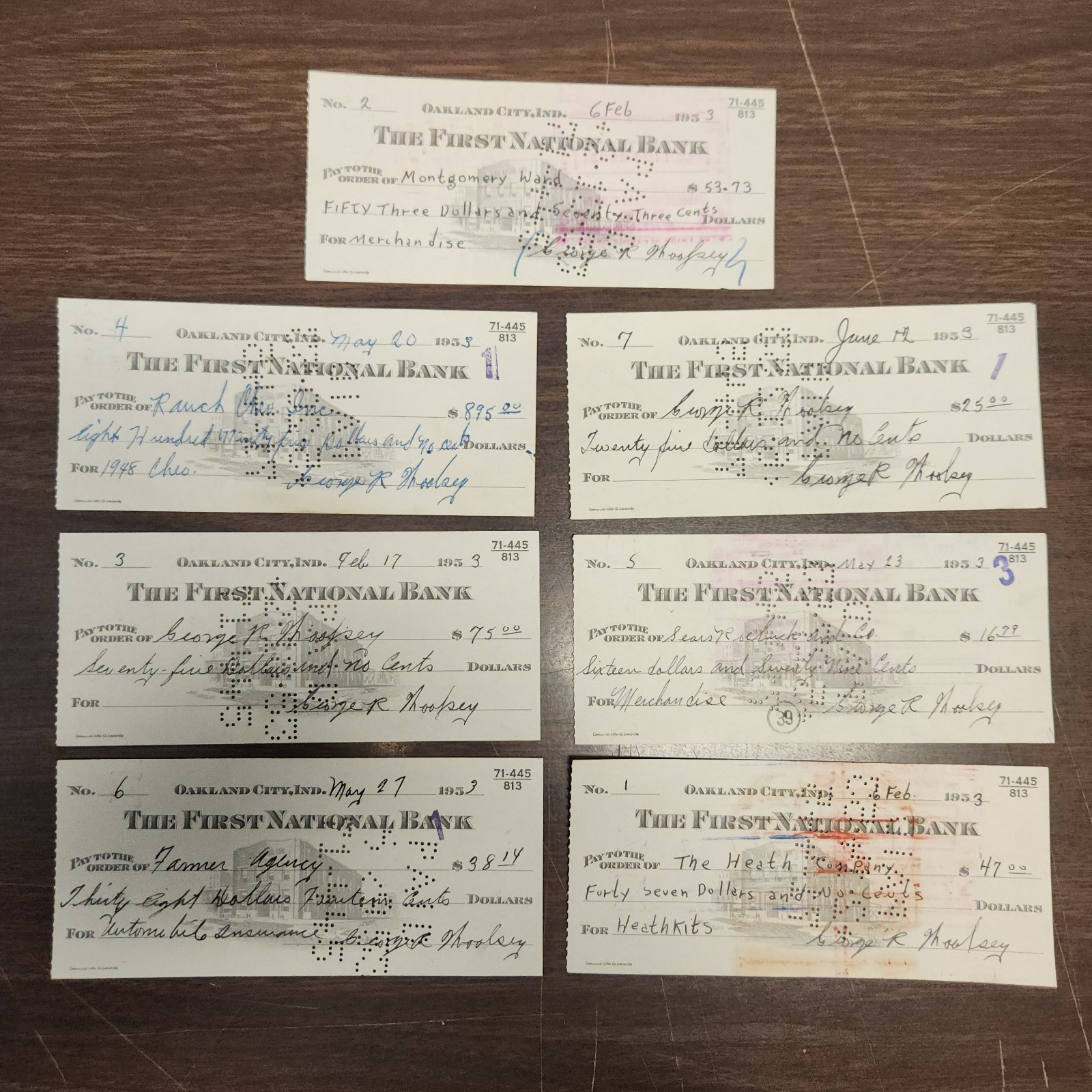 Lot of 9 Vintage Cancelled Checks 1953 First National Bank Paper Ephemera