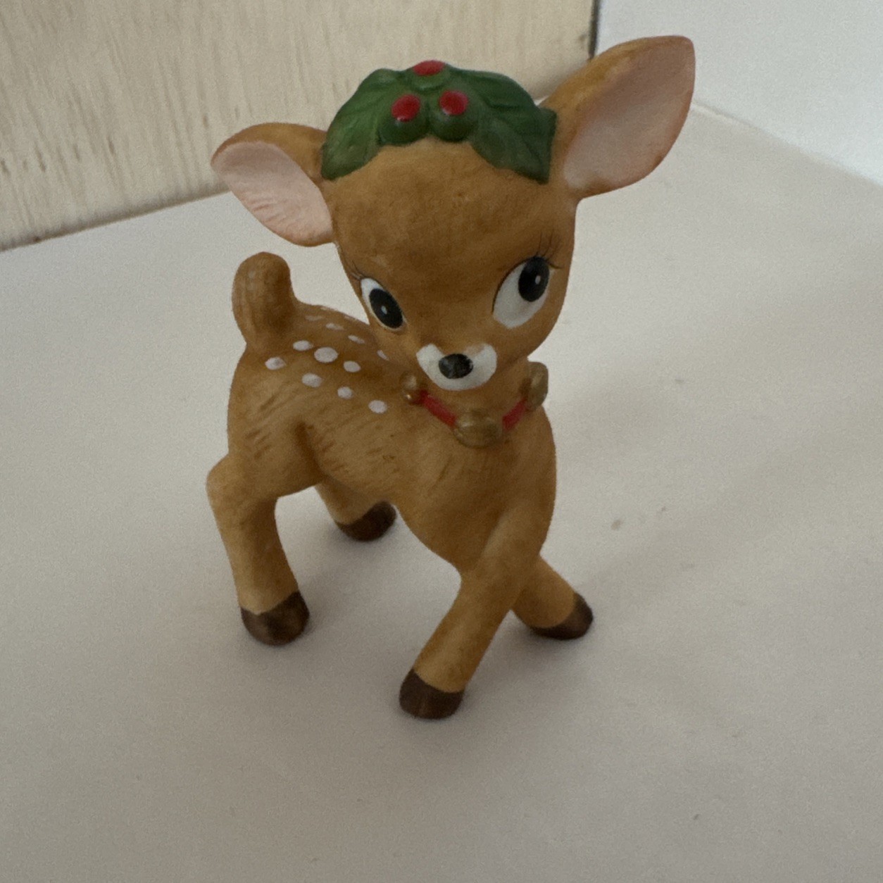 Vintage Lefton Christmas Reindeer Figurine Brown White Spots / Holly Deer 