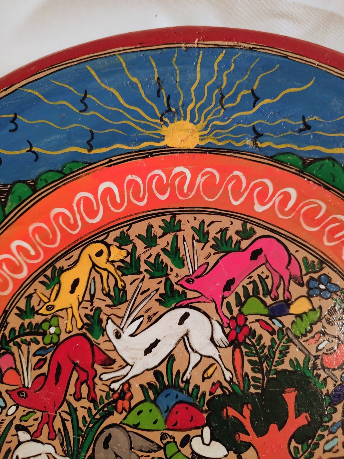 Vintage Mexican Ritual Hand Painted Teracotta Folk Art Hanging Wall Plate 12,5 Vintage Mexican Ritual Hand Painted Teracotta Folk Art Hanging Wall Plate 12,5