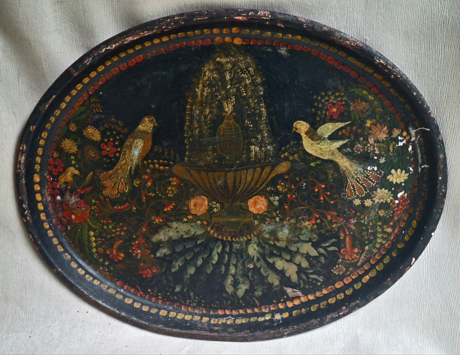 Antique 19th C. Toleware Primitive Hand Painted with Birds Tray 1800s Decor