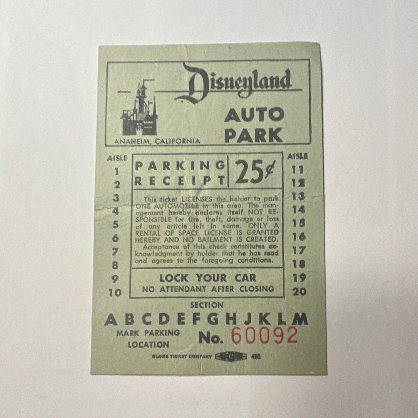 Disneyland Auto Park Parking Receipt 25¢ Ticket Anaheim CA No. 60092 Disneyland Auto Park Parking Receipt 25¢ Ticket Anaheim CA No. 60092