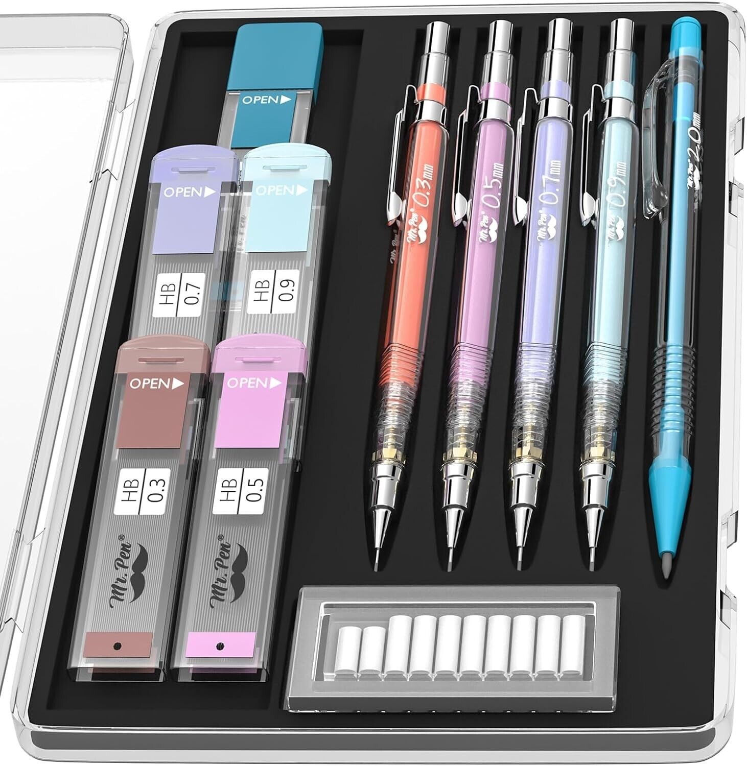 Mr. Pen Pastel Mechanical Pencil Set with Black Lead and Eraser Refills New