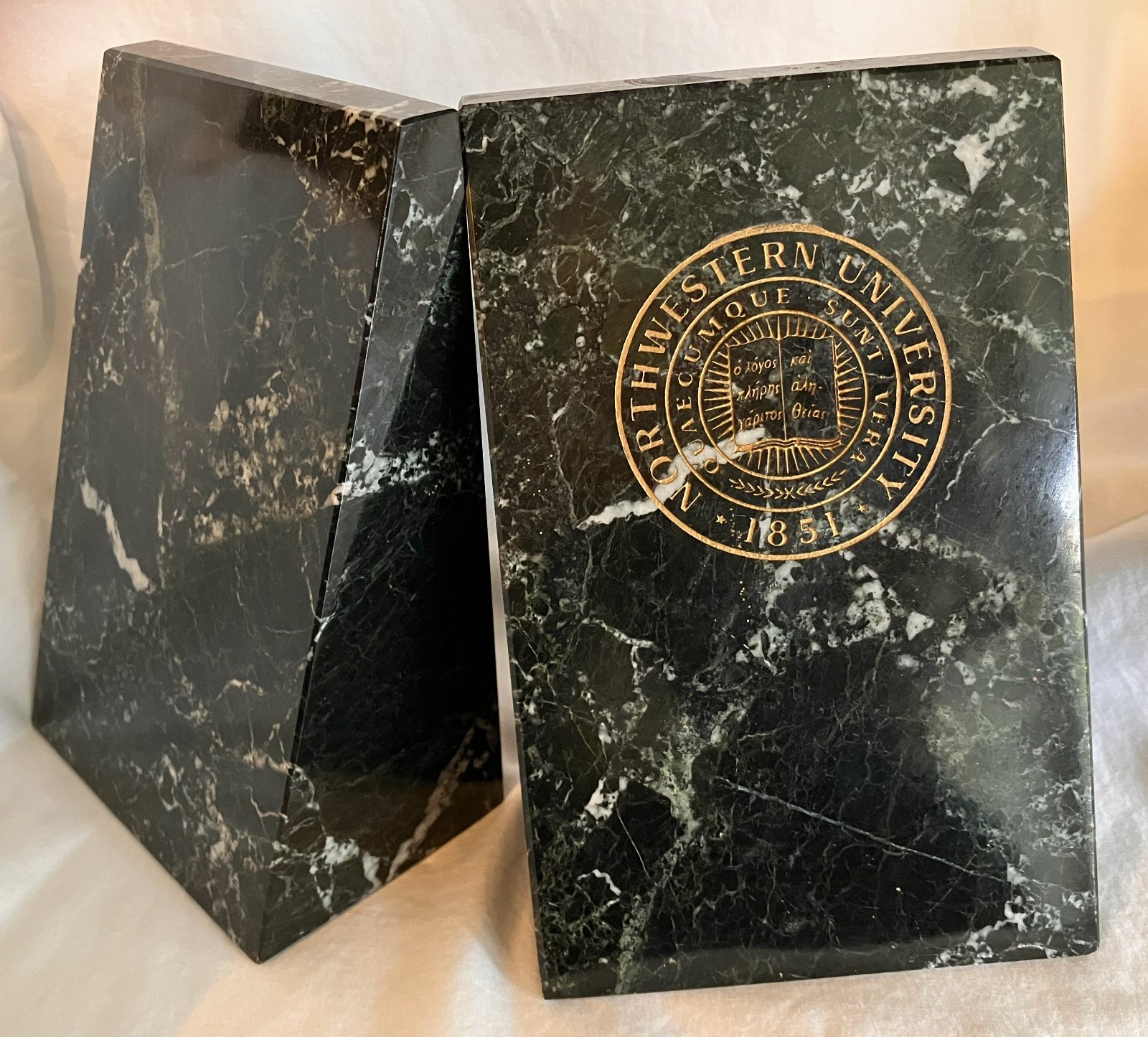 Vintage Etched Northwestern University 1851 Quaecumque Sunt Vera MARBLE BOOKENDS Vintage Etched Northwestern University 1851 Quaecumque Sunt Vera MARBLE BOOKENDS